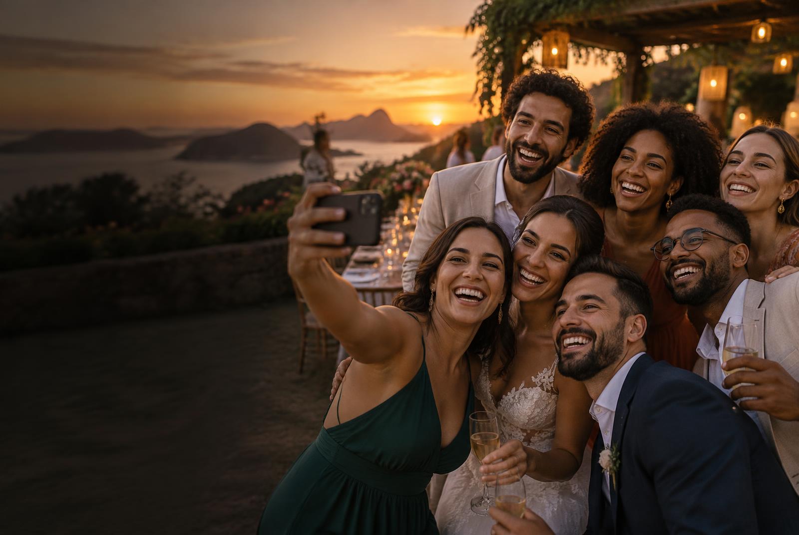 Convidados registrando juntos um momento espontâneo em um evento