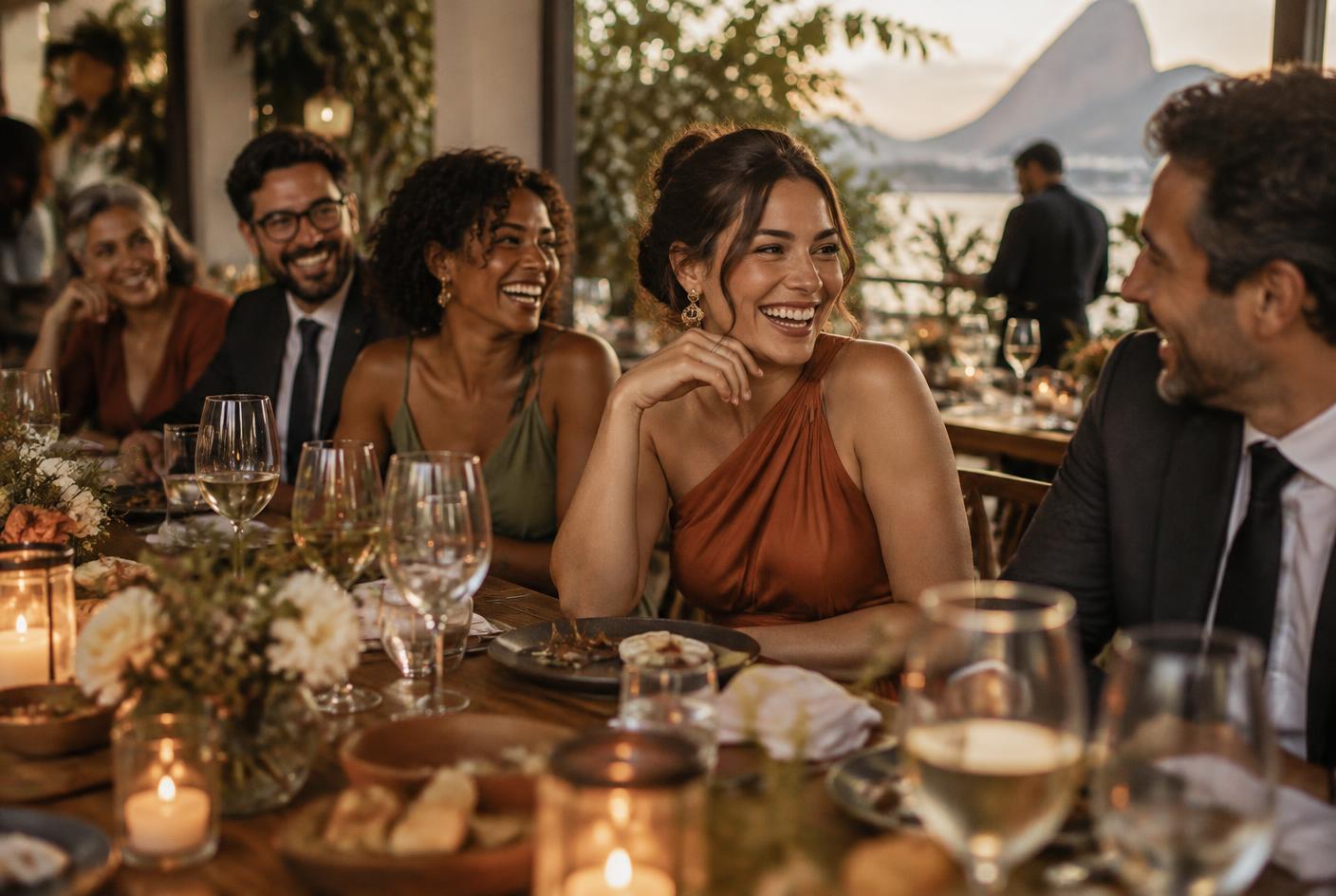 Amigos e familiares compartilhando momentos espontâneos durante uma celebração